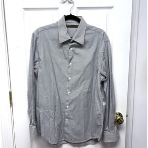 Perry Ellis Pinstripe Casual Button Down Shirt, Black White Cotton, Men's Size L